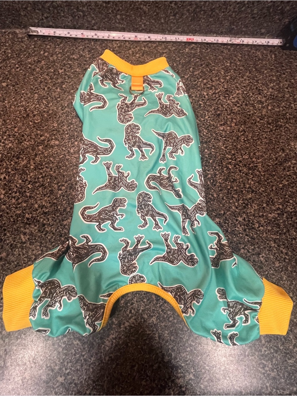 NEW Turquoise Dinosaur Print Dog Pajamas with Yellow Trim